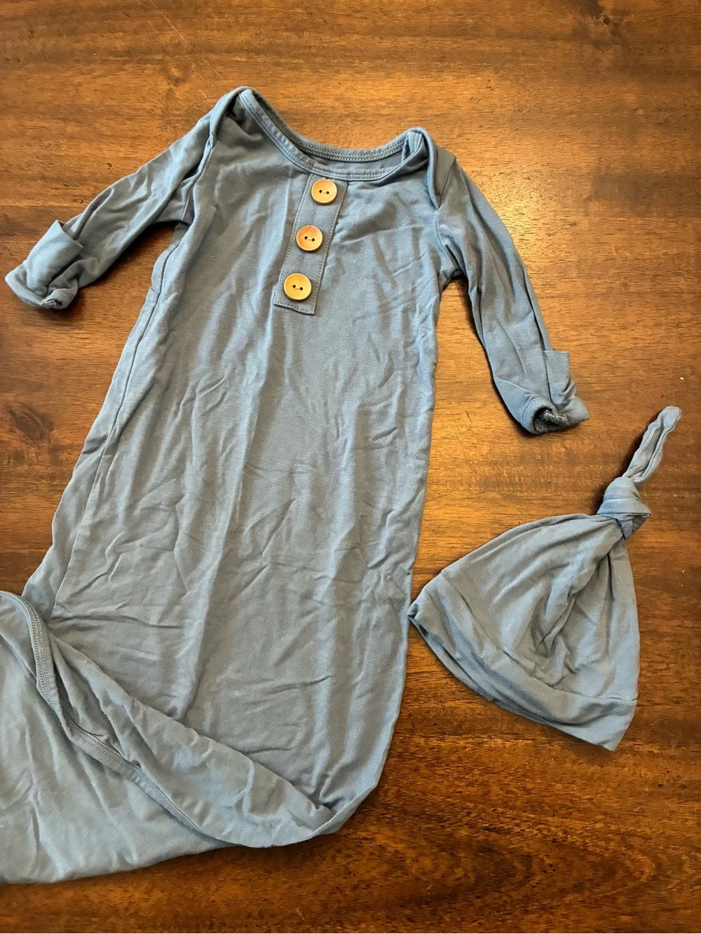 Caden Lane Bamboo Baby Knot Gown & Hat Solid Dusty Blue 0-3 Months Knotted Gown